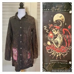Signet Stonewashed Bejeweled Chola Goth Vampire Long Shirt